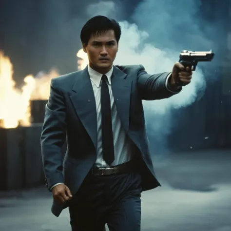 cinematic film still of  <lora:Hong Kong action cinema style:1>
 <lora:Kodak Motion Picture Film Style v4:0.3>
In the 1980's In Hong Kong China a man in a suit holding shooting a hand gun pistol in a fire while flying in air,solo,shirt,black hair,1boy,holding,jacket,weapon,male focus,belt,holding weapon,gun,blood,clenched teeth,holding gun,handgun,Asian,cinematic,action-themed,violence,aim,aiming,pointing,Kodak,Film style,movie style,film grain,film contrast,action packed,serious,stunt,Hong Kong action cinema style,Asian,cinematic,action-themed,violence,aim,aiming,pointing,Kodak,Film style,movie style,film grain,film contrast,action packed,serious,stunt,Hong Kong action cinema style, shallow depth of field, vignette, highly detailed, high budget, bokeh, cinemascope, moody, epic, gorgeous, film grain, grainy