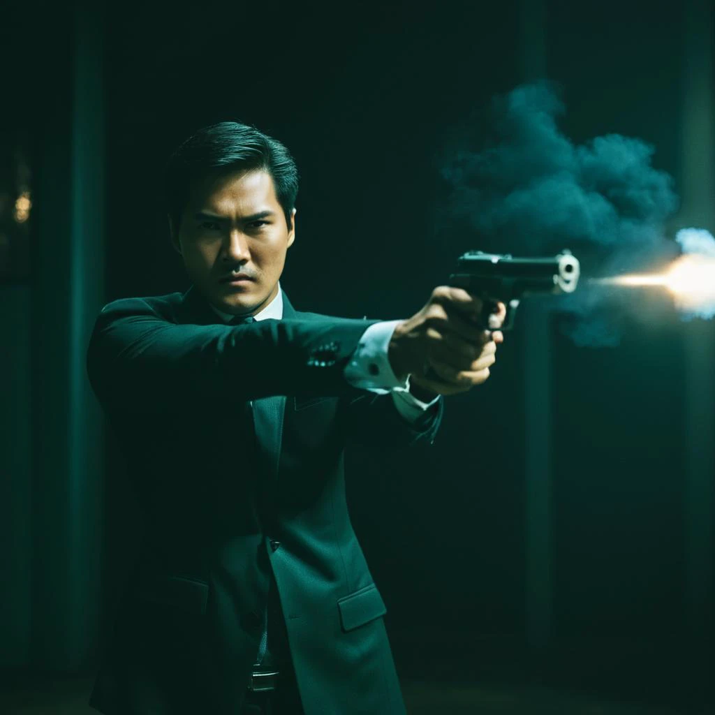 cinematic film still of  <lora:Hong Kong action cinema style:1>
In Hong Kong China a man in a suit holding two guns in a dark room while shooting his way to the camera,muzzle flash coming out of guns,solo,shirt,1boy,jacket,weapon,male focus,gun,facial hair,formal,suit,handgun,explosion,Asian,cinematic,action-themed,violence,aim,aiming,pointing,Kodak,Film style,movie style,film grain,film contrast,action packed,serious,stunt,Hong Kong action cinema style,Asian,cinematic,action-themed,violence,aim,aiming,pointing,Kodak,Film style,movie style,film grain,film contrast,action packed,serious,stunt,Hong Kong action cinema style, shallow depth of field, vignette, highly detailed, high budget, bokeh, cinemascope, moody, epic, gorgeous, film grain, grainy