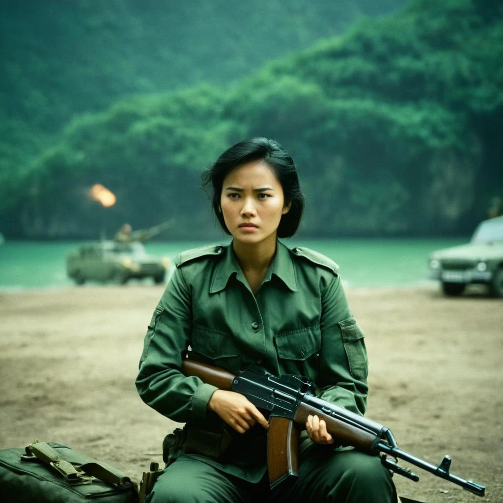 cinematic film still of <lora:Hong Kong action cinema style:1>
<lora:Kodak Motion Picture Film Style v4:0.3>
In the 1980's In Hong Kong China a woman in a military uniform holding a rifle while looking sad at camera,ak-47,1girl,solo,black hair,sitting,weapon,boots,uniform,gun,military,military uniform,traditional media,ground vehicle,armband,motor vehicle,rifle,realistic,world war ii,soldier,war,Asian,cinematic,action-themed,violence,aim,aiming,pointing,Kodak,Film style,movie style,film grain,film contrast,action packed,serious,stunt,Hong Kong action cinema style,Asian,cinematic,action-themed,violence,aim,aiming,pointing,Kodak,Film style,movie style,film grain,film contrast,action packed,serious,stunt,Hong Kong action cinema style, shallow depth of field, vignette, highly detailed, high budget, bokeh, cinemascope, moody, epic, gorgeous, film grain, grainy