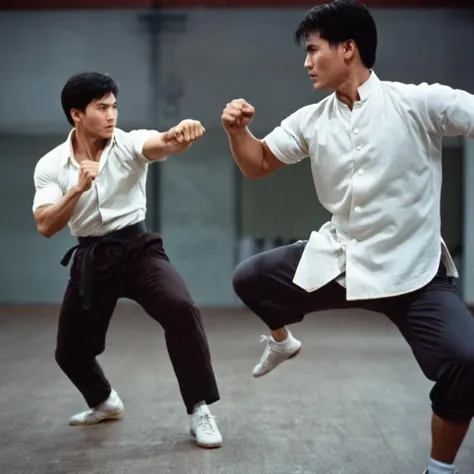 cinematic film still of <lora:Hong Kong action cinema style:1>
<lora:Kodak Motion Picture Film Style v4:0.3>
In the 1980's In Hong Kong China two different men are practicing martial in a gym in an action scene,short hair,shirt,black hair,white shirt,male focus,multiple boys,shoes,belt,pants,2boys,facial hair,realistic,kicking,Asian,cinematic,action-themed,violence,aim,aiming,pointing,Kodak,Film style, style,film grain,film contrast,action packed,serious,stunt,Hong Kong action cinema style,Asian,cinematic,action-themed,violence,aim,aiming,pointing,Kodak,Film style,moviee,film grain,film contrast,action packed,serious,stunt,Hong Kong action cinema style, shallow depth of field, vignette, highly detailed, high budget, bokeh, cinemascope, moody, epic, gorgeous, film grain, grainy