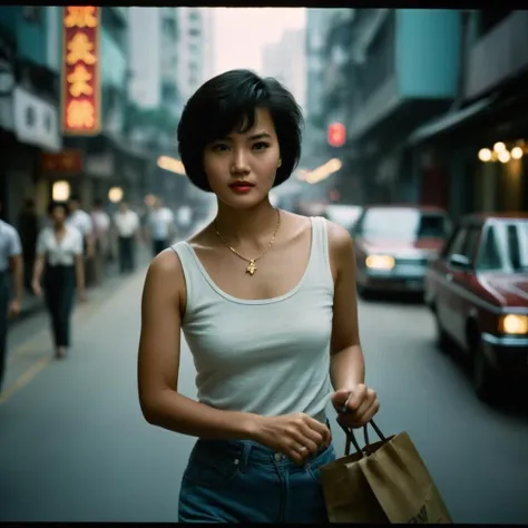 cinematic | Blade Runner 1982 color grading, | Street Photography | extreme Full body Shot Accurate, Anatomically Correct, Textured Skin, 16K Super Detail, Pastel Colors photo cinematic still, documentary photography, editorial, national geographic photo, dramatic, cinematic light of one Asian Young Adult: 20-29 years, Female Bob cut hair, Makeup, in Candid Movement Pose, Beijing, China Street , Golden hour Summer 1960 Vintage Colorization, High ISO Grain, Raindrop Bokeh, Tilt-Shift Effect Effect, in the style of Dorothea Lange