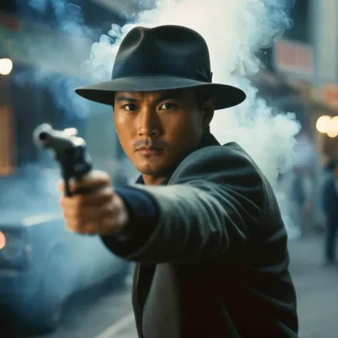 cinematic film still of  <lora:Hong Kong action cinema style:1>
 <lora:Kodak Motion Picture Film Style v4:0.5>
In the 1980's In Hong Kong China a man in a hat holding a gun with smoke coming out of it aimed at camera,solo,1boy,holding,weapon,male focus,holding weapon,blurry,gun,depth of field,holding gun,handgun,smoke,Asian,cinematic,action-themed,violence,aim,aiming,pointing,Kodak,Film style,movie style,film grain,film contrast,action packed,serious,stunt,Hong Kong action cinema style,Asian,cinematic,action-themed,violence,aim,aiming,pointing,Kodak,Film style,movie style,film grain,film contrast,action packed,serious,stunt,Hong Kong action cinema style, shallow depth of field, vignette, highly detailed, high budget, bokeh, cinemascope, moody, epic, gorgeous, film grain, grainy