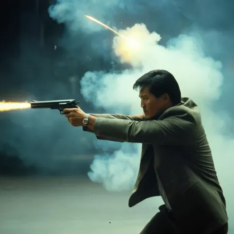 cinematic film still of  <lora:Hong Kong action cinema style:1>
 <lora:Kodak Motion Picture Film Style v4:0.3>
In the 1980's In Hong Kong China a man shooting a gun with a muzzle flash fire in the air and a flying bullet trail out of gun barrel,holding,weapon,holding weapon,gun,no humans,holding gun,handgun,smoke,space,explosion,firing,Asian,cinematic,action-themed,violence,aim,aiming,pointing,Kodak,Film style,movie style,film grain,film contrast,action packed,serious,stunt,Hong Kong action cinema style,Asian,cinematic,action-themed,violence,aim,aiming,pointing,Kodak,Film style,smoke,movie style,film grain,film contrast,action packed,serious,stunt,Hong Kong action cinema style, shallow depth of field, vignette, highly detailed, high budget, bokeh, cinemascope, moody, epic, gorgeous, film grain, grainy