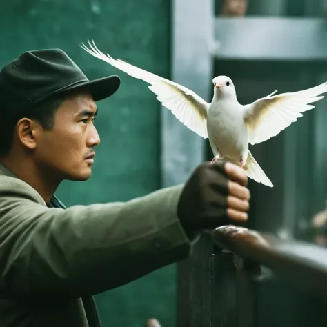 cinematic film still of  <lora:Hong Kong action cinema style:1>
 <lora:Kodak Motion Picture Film Style v4:0.3>
In the 1980's In Hong Kong China a man looking at a white bird on a bar with a stair,solo,gloves,1boy,hat,holding,weapon,male focus,bird,realistic,over shoulder,Asian,cinematic,action-themed,violence,aim,aiming,pointing,Kodak,Film style,movie style,film grain,film contrast,action packed,serious,stunt,Hong Kong action cinema style,Asian,cinematic,action-themed,violence,aim,aiming,pointing,Kodak,Film style,movie style,film grain,film contrast,action packed,serious,stunt,Hong Kong action cinema style, shallow depth of field, vignette, highly detailed, high budget, bokeh, cinemascope, moody, epic, gorgeous, film grain, grainy