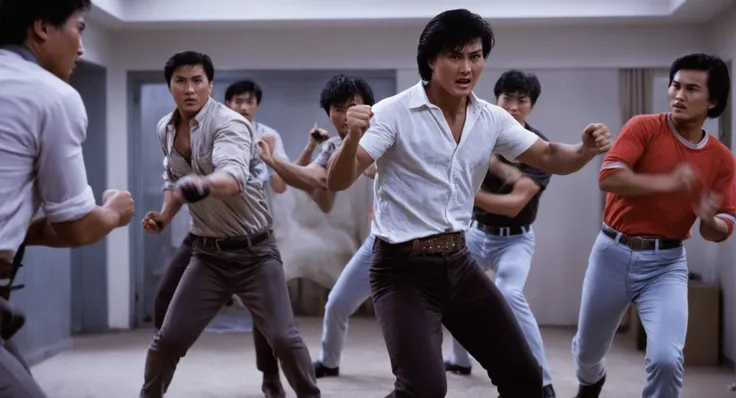 cinematic film still of <lora:Hong Kong action cinema style:1>
<lora:Kodak Motion Picture Film Style v4:0.5>
In the 1980's In Hong Kong China a group of different people in a room fighting with a man holding a bat,shirt,black hair,male focus,boots,multiple boys,belt,pants,3boys,Asian,cinematic,action-themed,violence,aim,aiming,pointing,Kodak,Film style, style,film grain,film contrast,action packed,serious,stunt,Hong Kong action cinema style,Asian,cinematic,action-themed,violence,aim,aiming,pointing,Kodak,Film style,moviee,film grain,film contrast,action packed,serious,stunt,Hong Kong action cinema style, shallow depth of field, vignette, highly detailed, high budget, bokeh, cinemascope, moody, epic, gorgeous, film grain, grainy
