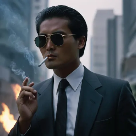 cinematic film still of <lora:Hong Kong action cinema style:1>
<lora:Kodak Motion Picture Film Style v4:0.3>
In the 1980's In Hong Kong China a man in a suit and tie smoking a cigarette,solo,black hair,1boy,male focus,outdoors,necktie,glasses,blurry,blurry background,formal,sunglasses,suit,fire,building,smoke,cigarette,realistic,smoking,lighter,aviator sunglasses,Asian,cinematic,action-themed,violence,aim,aiming,pointing,Kodak,Film style, style,film grain,film contrast,action packed,serious,stunt,Hong Kong action cinema style,Asian,cinematic,action-themed,violence,aim,aiming,pointing,Kodak,Film style,moviee,film grain,film contrast,action packed,serious,stunt,Hong Kong action cinema style, shallow depth of field, vignette, highly detailed, high budget, bokeh, cinemascope, moody, epic, gorgeous, film grain, grainy