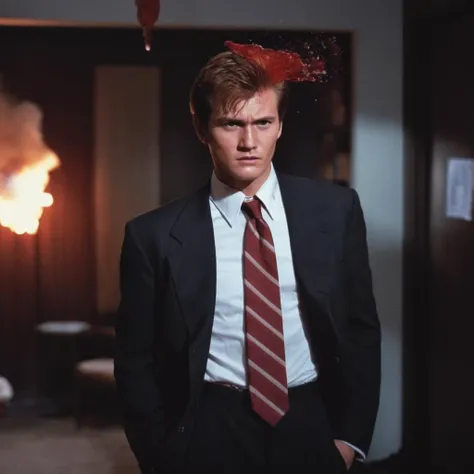cinematic film still of  <lora:Hong Kong action cinema style:1>
 <lora:Kodak Motion Picture Film Style v4:0.3>
In the 1980's In Hong Kong China a bloody exploded head of a man in a shirt standing in a living room,bloody explosion,solo,shirt,long sleeves,1boy,holding,jacket,white shirt,upper body,male focus,red hair,necktie,striped,collared shirt,black jacket,formal,ring,suit,black background,name tag,id card,striped necktie,black suit,Asian,cinematic,action-themed,violence,aim,aiming,pointing,Kodak,Film style, style,film grain,film contrast,action packed,serious,stunt,Hong Kong action cinema style,blood,lamp, shallow depth of field, vignette, highly detailed, high budget, bokeh, cinemascope, moody, epic, gorgeous, film grain, grainy