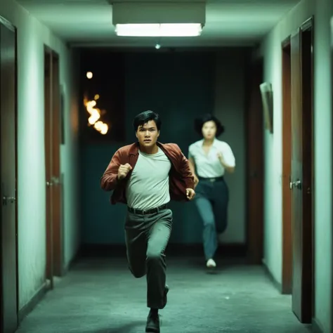 cinematic film still of  <lora:Hong Kong action cinema style:1>
 <lora:Kodak Motion Picture Film Style v4:0.3>
In the 1980's In Hong Kong China an actin hero man running through a fire filled hallway,1girl,short hair,black hair,1boy,closed eyes,male focus,pants,indoors,hug,walking,running,door,hallway,Asian,cinematic,action-themed,violence,aim,aiming,pointing,Kodak,Film style,movie style,film grain,film contrast,action packed,serious,stunt,Hong Kong action cinema style,Asian,cinematic,action-themed,violence,aim,aiming,pointing,Kodak,Film style,movie style,film grain,film contrast,action packed,serious,stunt,Hong Kong action cinema style, shallow depth of field, vignette, highly detailed, high budget, bokeh, cinemascope, moody, epic, gorgeous, film grain, grainy