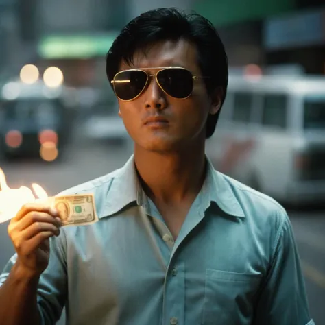 cinematic film still of <lora:Hong Kong action cinema style:1>
<lora:Kodak Motion Picture Film Style v4:0.3>
In the 1980's In Hong Kong China a man in sunglasses holding a burning dollar bill in front of his face,solo,shirt,black hair,1boy,holding,male focus,blurry,depth of field,blurry background,parody,sunglasses,money,Asian,cinematic,action-themed,violence,aim,aiming,pointing,Kodak,Film style, style,film grain,film contrast,action packed,serious,stunt,Hong Kong action cinema style,Asian,cinematic,action-themed,violence,aim,aiming,pointing,Kodak,Film style,moviee,film grain,film contrast,action packed,serious,stunt,Hong Kong action cinema style, shallow depth of field, vignette, highly detailed, high budget, bokeh, cinemascope, moody, epic, gorgeous, film grain, grainy