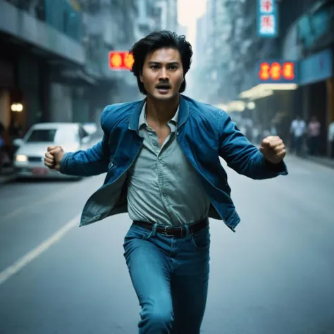 cinematic film still of  <lora:Hong Kong action cinema style:1>
 <lora:Kodak Motion Picture Film Style v4:0.3>
In the 1980's In Hong Kong China a man is running down the street with his arms outstretched in an action scene,solo,shirt,black hair,1boy,jacket,male focus,blurry,facial hair,blue jacket,ground vehicle,motor vehicle,realistic,denim jacket,Asian,cinematic,action-themed,violence,aim,aiming,pointing,Kodak,Film style,movie style,film grain,film contrast,action packed,serious,stunt,Hong Kong action cinema style,Asian,cinematic,action-themed,violence,aim,aiming,pointing,Kodak,Film style,movie style,film grain,film contrast,action packed,serious,stunt,Hong Kong action cinema style, shallow depth of field, vignette, highly detailed, high budget, bokeh, cinemascope, moody, epic, gorgeous, film grain, grainy