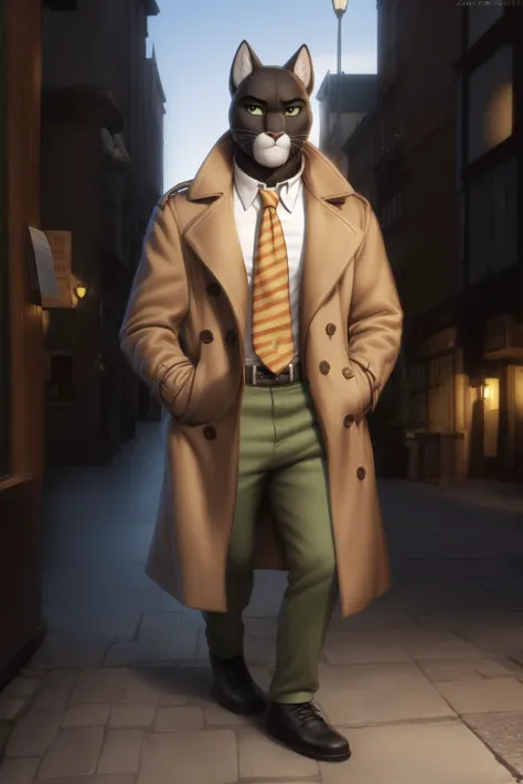 <lora:blacksad-07:1>, blacksad, black eyes, green sclera, solo, (posing:1.3), (soft shading), 4k, hi res, five fingers, detailed hands, ((detailed face, (detailed eyes:1.0), detailed)), by zackarry911, by zaush, (by personalami:0.5),solo, shirt, 1boy, standing, full body, male focus, necktie, pants, coat, mask, hand in pocket, striped necktie, yellow necktie, brown coat, green pants, trench coat