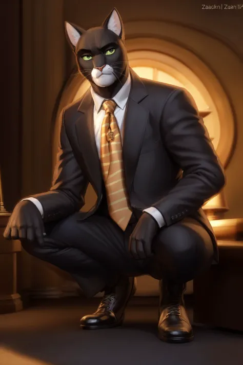 <lora:blacksad-07:1>, blacksad, black eyes, green sclera, (posing:1.3), (soft shading), 4k, hi res, five fingers, detailed hands, ((detailed face, (detailed eyes:1.0), detailed)), by zackarry911, by zaush, (by personalami:0.5), solo, looking at viewer, shirt, 1boy, jacket, full body, white shirt, male focus, necktie, collared shirt, pants, black pants, formal, squatting, suit, striped necktie, yellow necktie, black suit, brown necktie