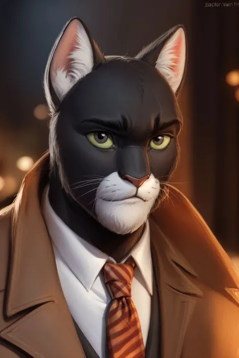<lora:blacksad-07:1>, blacksad, black eyes, green sclera, solo, (posing:1.3), (soft shading), 4k, hi res, five fingers, detailed hands, ((detailed face, (detailed eyes:1.0), detailed)), by zackarry911, by zaush, (by personalami:0.5), solo, looking at viewer, shirt, 1boy, white shirt, upper body, male focus, necktie, collared shirt, vest, coat, formal, suit, red necktie, brown jacket, brown coat, trench coat, close-up, portrait,
