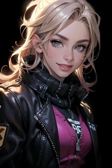 (8k, masterpiece, best quality, solo, sfw), ((September Carrino)), (portrait, leather jacket), looking at camera, eyelines, eyeshadows, smile, open mouth, simple dark background, <lora:September_Carrino_v1-10:0.75>