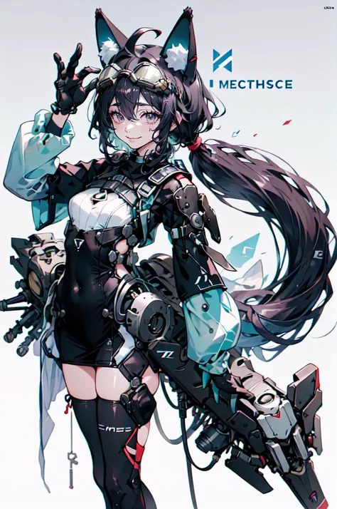<lora:v1.0cat ear_20230619180308-000010:0.75> cat ear, mechanic, Mechanical body, (goggles on head:1.3),, ultra detailed, masterpiece, best quality, aesthetic, detailed,, solo, smile, 1girl, aqua eyes, black hair, <lora:low_ponytail-1.0:1> low ponytail, ahoge, absurdly long hair, very long hair, hair flaps, hair between eyes, bangs, messy hair, small breasts, goggles on head, closed mouth,