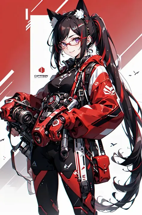 <lora:v1.0cat ear_20230619180308-000010:0.75> cat ear,  mechanic, Mechanical body,, ultra detailed, masterpiece, best quality, aesthetic, detailed,, solo, smug smile, 1girl, purple eyes, red-framed eyewear, (black hair, red colored tips:1.2), red streaked hair, very long hair, side ponytail, tied hair, medium breasts,