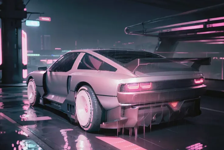 ((masterpiece,best quality)), nv74 car, with (concept rims), no humans, driving cyberpunk city, through the rain, moving, (motion blur:0.6), (speed effect:0.6), ultra-detailed, 8k, highres, cinematic, <lora:nv74:1>, (<lora:FutureCity_last:1.2>, korean neon sign:1.1), a lonely atmosphere, purple background, heavy rain, night, (cyberpunk:1.3), skyscraper, (midnight, cyberfunk background, retrowave light, pink pattern:1.3)