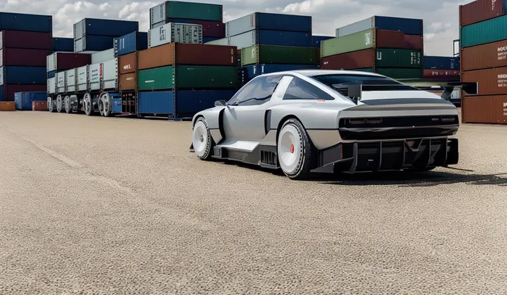 ((masterpiece,best quality)), nv74 car, with (concept rims), no_humans, in a container yard, container ship in background, ultra-detailed, absurdres, <lora:nv74:1>