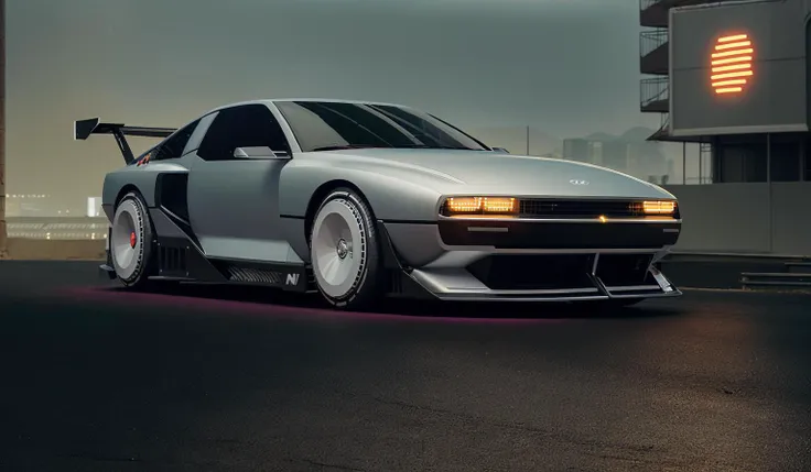 ((masterpiece,best quality)), nv74 car, with (concept rims), no humans, outside, city in background, neon lights, skyscraper, ultra-detailed, 4k, highres, cinematic, <lora:nv74:1>