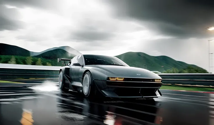 ((masterpiece,best quality)), nv74 car, with (concept rims), no humans, driving through a race track, through the rain, moving, (motion blur:0.6), (speed effect:0.6), ultra-detailed, 4k, highres, cinematic, <lora:nv74:1>
