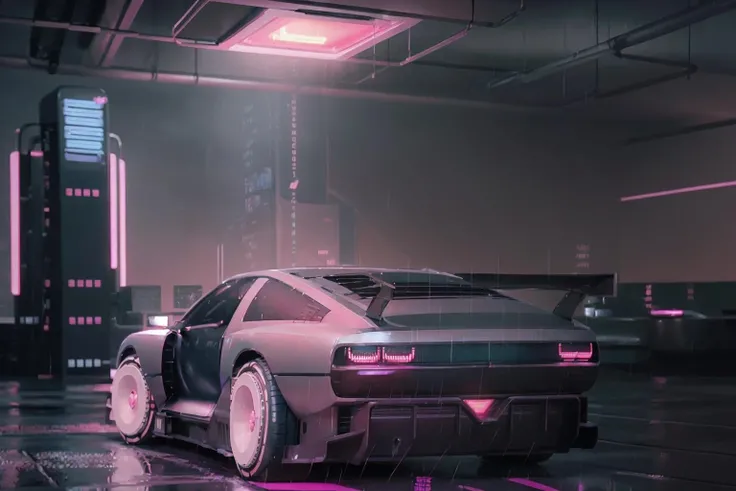 ((masterpiece,best quality)), nv74 car, with (concept rims), no humans, driving cyberpunk city, through the rain, moving, (motion blur:0.6), (speed effect:0.6), ultra-detailed, 8k, highres, cinematic, <lora:nv74:1>, (<lora:FutureCity_last:1.2>, korean neon sign:1.1), a lonely atmosphere, purple background, heavy rain, night, (cyberpunk:1.3), skyscraper, (midnight, cyberfunk background, retrowave light, pink pattern:1.3)