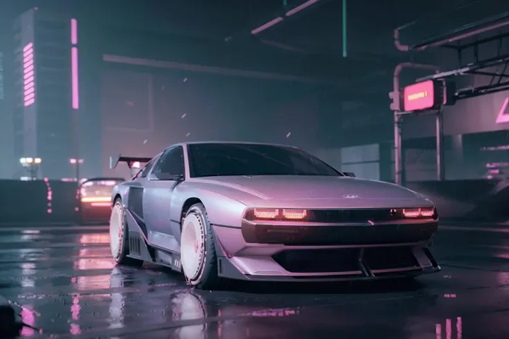 ((masterpiece,best quality)), nv74 car, with (concept rims), no humans, driving cyberpunk city, through the rain, moving, (motion blur:0.6), (speed effect:0.6), ultra-detailed, 8k, highres, cinematic, <lora:nv74:1>, (<lora:FutureCity_last:1.2>, korean neon sign:1.1), a lonely atmosphere, purple background, heavy rain, night, (cyberpunk:1.3), skyscraper, (midnight, cyberfunk background, retrowave light, pink pattern:1.3)