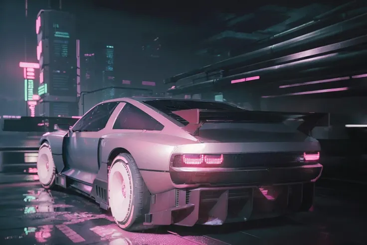 ((masterpiece,best quality)), nv74 car, with (concept rims), no humans, driving cyberpunk city, through the rain, moving, (motion blur:0.6), (speed effect:0.6), ultra-detailed, 8k, highres, cinematic, <lora:nv74:1>, (<lora:FutureCity_last:1.2>, korean neon sign:1.1), a lonely atmosphere, purple background, heavy rain, night, (cyberpunk:1.3), skyscraper, (midnight, cyberfunk background, retrowave light, pink pattern:1.3)