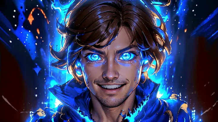 masterpiece,DarkerLight, blue eyes, solo, glitch, looking at viewer,grinning,<lora:DarkerLight2:0.81>  <lora:Shaggy_RogersSD:0.81>,solo, 1boy,close up,face focus,portrait, brown hair, shirt,5% power level,ultra instinct mode,blue flame aura around body, glowing blue energy eyes