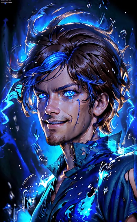 masterpiece,DarkerLight, blue eyes, solo, glitch, looking at viewer,grinning,<lora:DarkerLight2:0.81> <lora:Shaggy_RogersSD:0.81>,solo, 1boy,close up,face focus,portrait, brown hair, shirt,5% power level,ultra instinct mode,blue flame aura around body, glowing blue energy eyes
