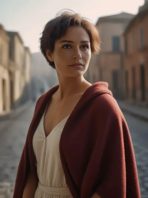 woman with short hair, in the (poncho:1.3), on the street of ancient Roma,  <lora:IrinaT:0.7>,    <lora:HBB2:1>,  cinematic film still of  <lora:Chiaroscuro Lighting Style:1>,