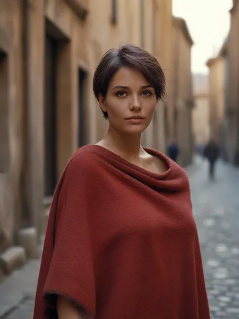 woman with short hair, in the (poncho:1.3), on the street of ancient Roma, <lora:IrinaT:0.7>, <lora:HBB2:1>, cinematic film still of <lora:Chiaroscuro Lighting Style:1>,