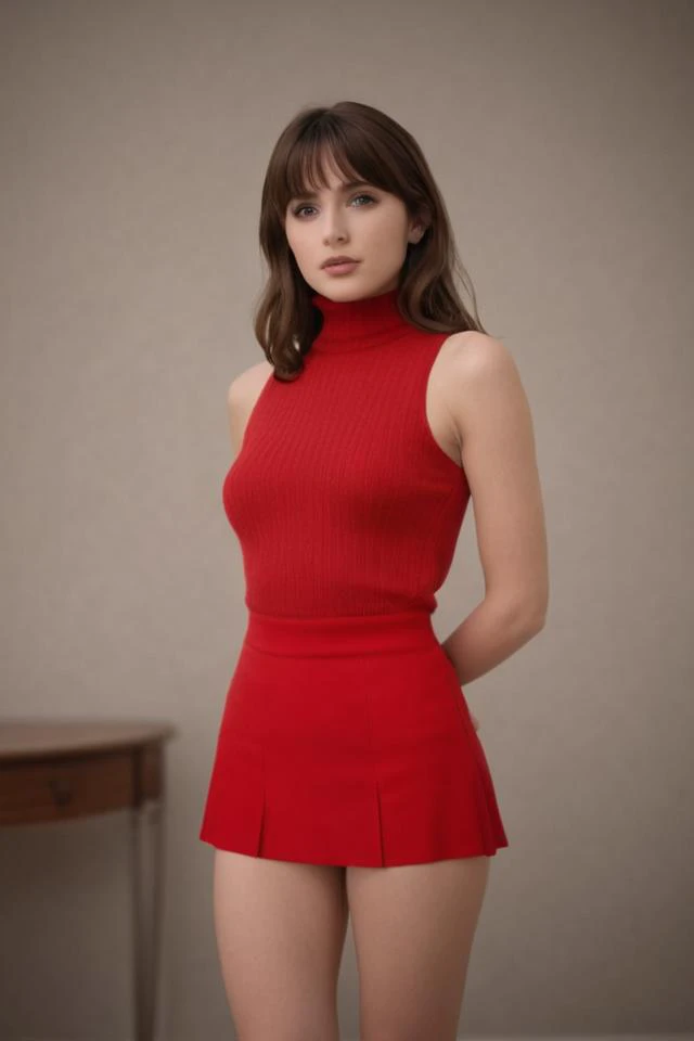 cinematic photo <lora:Hands_Behind_Back:1>, (HBB:1.76), (sfw: 1.1), (fully clothed: 1.1), (full body: 1.1) plain face ,  brown hair ,  short hair ,  wavy hair ,  short bangs,  caucasian ,  tall girl,  medium breasts ,  sleeveless turtleneck ,  red clothes , cleavage, (criminal: 1.21), (mean girl: 1.21), (villain: 1.21),  straight back ,  in heat  . 35mm photograph, film, bokeh, professional, 4k, highly detailed