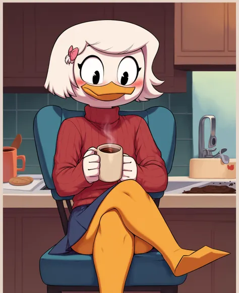 score_9, score_8_up, score_7_up, score_6_up, best quality, highres, source_furry rating_explicit BREAK meesh, by meesh BREAK
1girl, solo, inside, kitchen, duck, beak, webby vanderquack, young, white skin, white hair, short hair, black eyes, sitting on chair, orange legs, turtleneck, sweater, ribbed sweater, skirt, coffee mug, blush, crossed legs <lora:Webby_Vanderquack:1>   <lora:Meesh_Style_PonyXL:0.7>