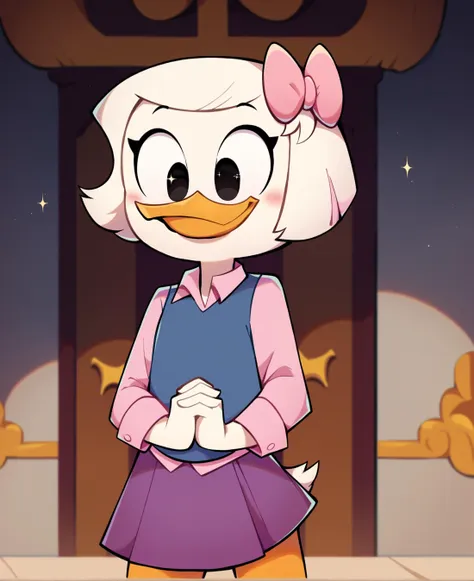 score_9, score_8_up, score_7_up, score_6_up, best quality, highres, source_furry
1girl, female, solo, inside, mansion, duck, beak, webby vanderquack, young, white skin, white hair, short hair, black eyes, black eyes, standing, hands together, orange legs, three-quarter portrait, blush, happy, sparkles, blue vest, pink dress shirt, purple skirt, pink hair bow <lora:Webby_Vanderquack:1>