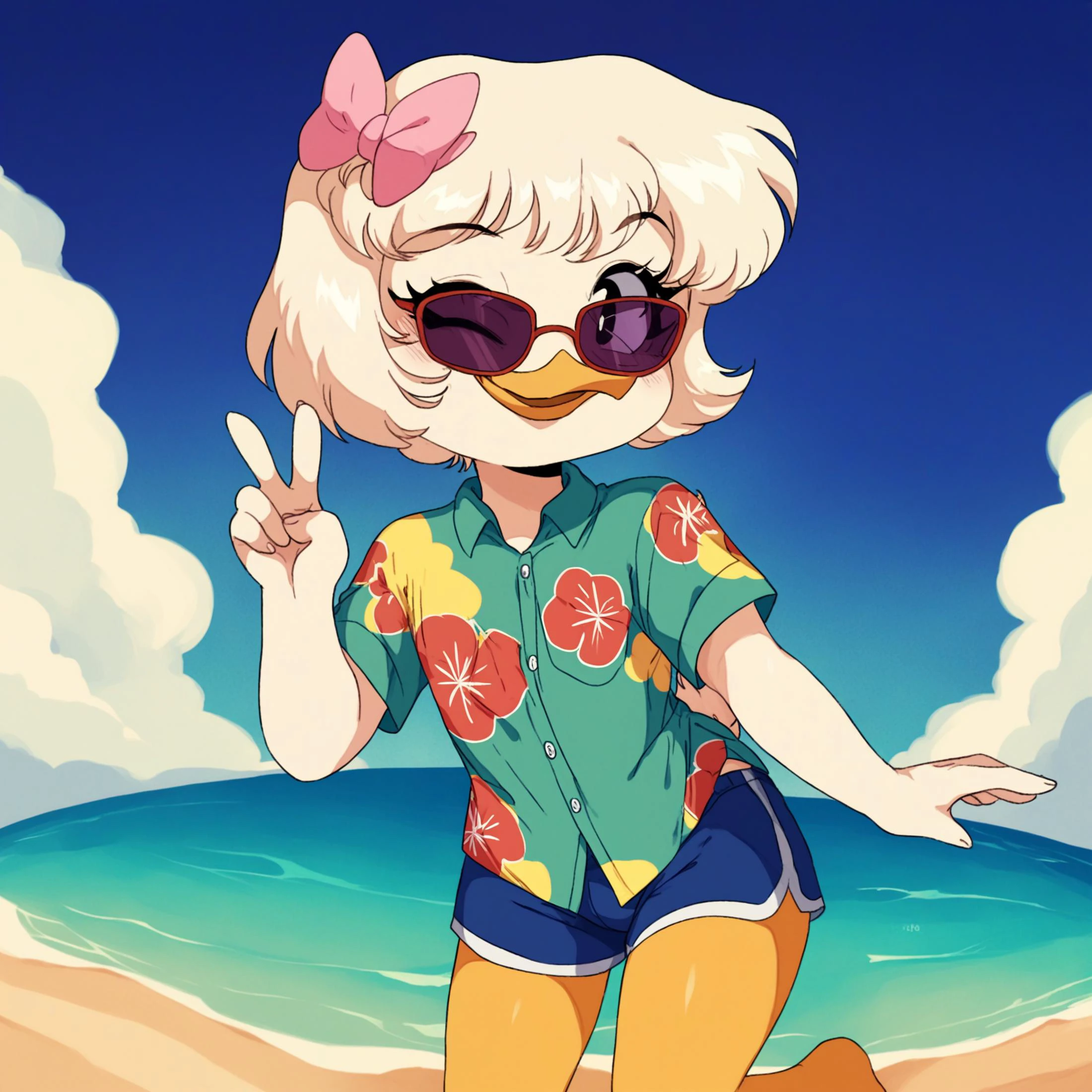 score_9, score_8_up, score_7_up, score_6_up, best quality, highres, source_furry, BREAK
vum, BREAK
1girl, solo, furry, beach, female, duck, beak, webby vanderquack, young, white skin, standing, on one leg, v_sign, wink white hair, black eyes, hair_bow, short hair, dutch angle, looking at viewer, orange legs, sunglasses, hawaiian shirt, swimming trunks <lora:Webby_Vanderquack:1>