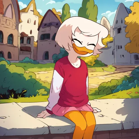 score_9, score_8_up, score_7_up, score_6_up, best quality, highres, source_furry, source_anime BREAK ppp BREAK
1girl, solo, female, duck, webby vanderquack, white skin, white body, white arms, orange legs, young, short hair, highlights, sleeves past wrists, white hair, oversized clothes, t-shirt, skirt, mansion, detailed background, eyes closed, smile, indian style, sitting, shirt_tucked_in, long sleeves <lora:Webby_Vanderquack:1>