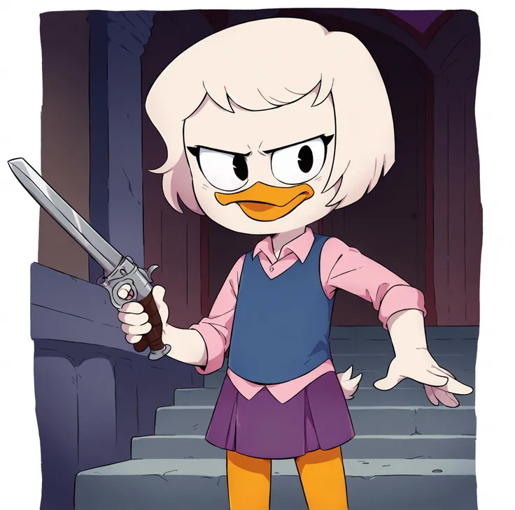 score_9, score_8_up, score_7_up, score_6_up, best quality, highres, source_furry, source_anime BREAK ppp BREAK
1girl, female, duck, webby vanderquack, white skin, white arms, orange legs, young, child, short hair, highlights, white hair, revolver, sword, holding weapon, squall leonhart pink dress shirt, blue vest, purple skirt, mansion, detailed background, black eyes, angry eyes, <lora:Webby_Vanderquack:1>