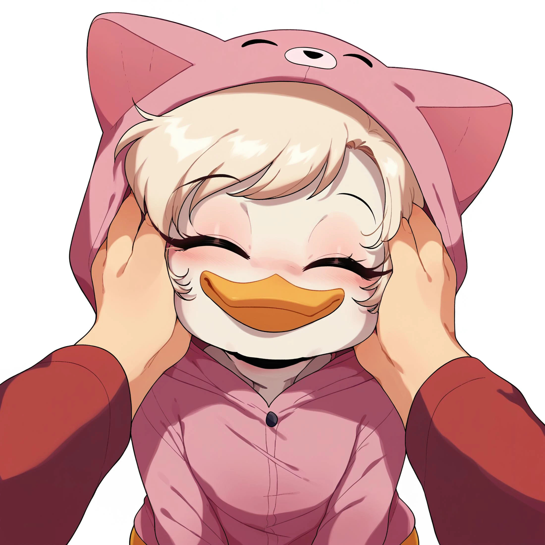 score_9, score_8_up, score_7_up, score_6_up, best quality, highres, source_furry, BREAK
vum, BREAK
1girl, solo, furry, white background, female, duck, beak, webby vanderquack, young, , white skin, white hair, black eyes, short hair, eyes closed, smile, onesie, fake_cat_ears, pink clothing, hood up, first person view, pov hands, squish, face grab, face squish, hand on chin, solo focus, squish, face_squish <lora:Webby_Vanderquack:1>