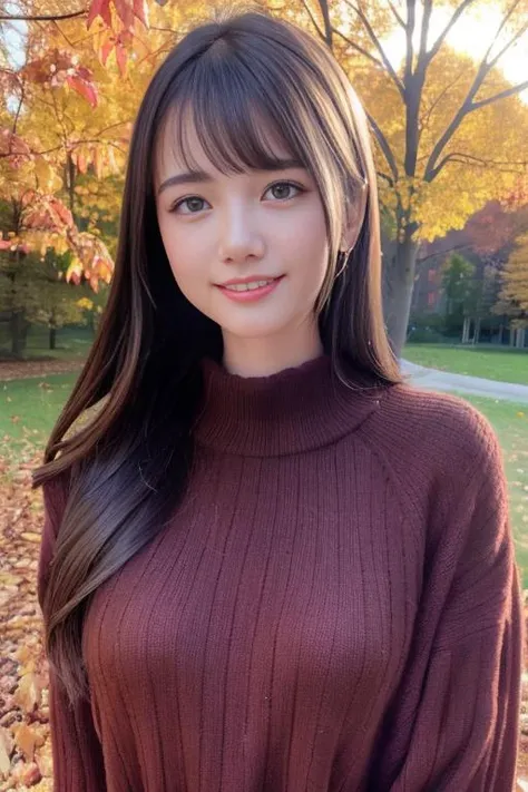 1girl,(wearing autumn clothes:1.2),(RAW photo, best quality), (realistic, photo-realistic:1.4), masterpiece, an extremely delicate and beautiful, extremely detailed, 2k wallpaper, Amazing, finely detail, extremely detailed CG unity 8k wallpaper, ultra-detailed, highres, soft light, beautiful detailed girl, extremely detailed eyes and face, beautiful detailed nose, beautiful detailed eyes,cinematic lighting,autumn scenery,(morning light),perfect anatomy,slender body,smiling  <lora:kofan_lora:0.7>