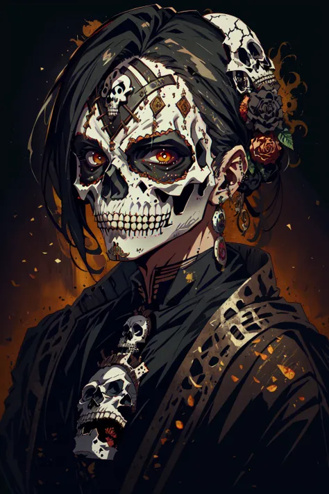 <lora:Calavera:1> Calavera_Skull, solo, looking at viewer, black hair, 1boy, jewelry, male focus, earrings, teeth, portrait, skull, facepaint, horror (theme)