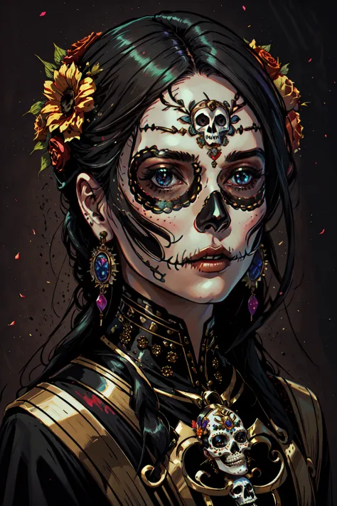 <lora:Calavera:0.8> Calavera_Skull, 1girl, solo, black hair, hair ornament, jewelry, flower, earrings, hair flower, portrait, realistic