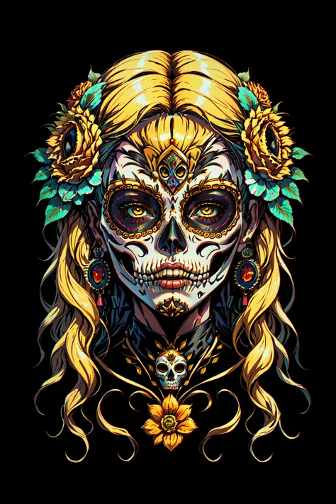 <lora:Calavera:1> Calavera_Skull, 1girl, solo, long hair, looking at viewer, blonde hair, simple background, hair ornament, jewelry, yellow eyes, flower, earrings, teeth, hair flower, tattoo, mask, wavy hair, black background, portrait, orange flower