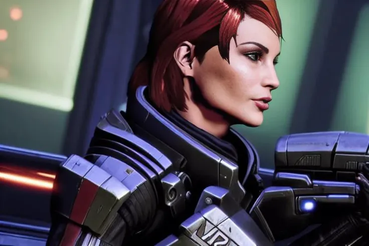 a woman running through fiery alien world, epic space battle, ((beautiful hazel eyes)), (femshep face), freckles, action sequence, canon 5d, sharp focus, highly detailed, digital photograph, cinematic lighting, hyper realism, intricate, highly detailed, lifelike, photorealistic, instagram, photography by vanessa joy and vivian maier