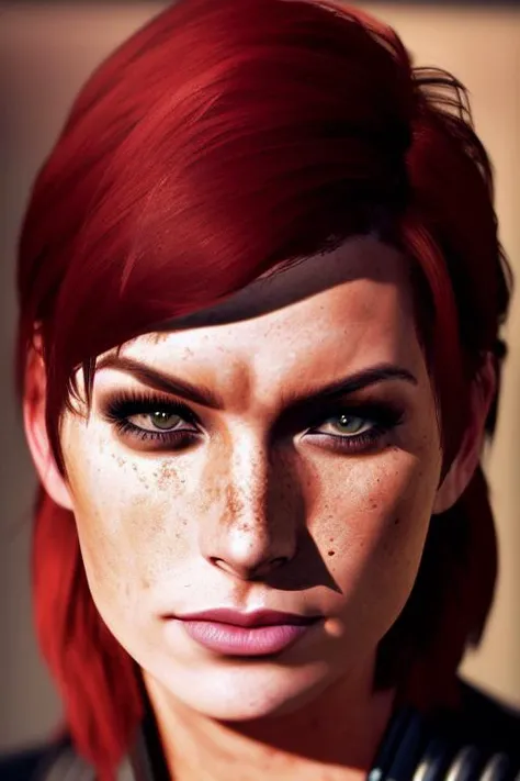 lindsay pelas with ((femshep face)), beautiful hazel eyes, flowing hair, freckles, sexy smile, action, canon 5d, sharp focus, highly detailed, digital photograph, portfolio image, golden hour lighting, hyper realism, intricate, gritty, highly detailed, lifelike, photorealistic, photography by vanessa joy and vivian maier