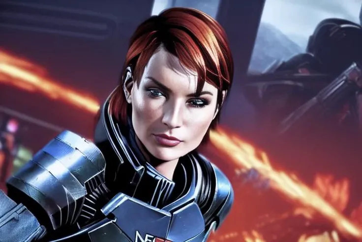 a woman running through fiery alien world, epic space battle, ((beautiful hazel eyes)), (femshep face), freckles, action sequence, canon 5d, sharp focus, highly detailed, digital photograph, cinematic lighting, hyper realism, intricate, highly detailed, lifelike, photorealistic, instagram, photography by vanessa joy and vivian maier