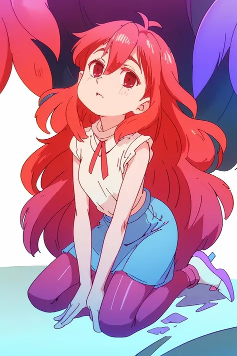 (masterpiece, best quality), 1girl, Violet red Caesar Cut with High Fade, Sizes M to Z breasts, Ice blue High-low top and Flared corduroy skirt with a retro look, leggings, Kneeling on one knee, looking up, <lora:Eruku:1>