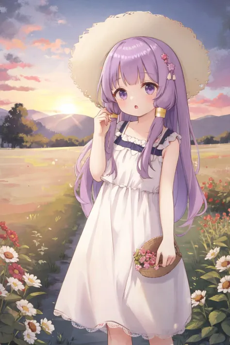 <lora:hairtube2:0.6>, hair tubes, <lora:orzcan-09:0.6>, sundress, sun hat, long hair, purple hair, :o, head tilt, sunset, field, outdoors