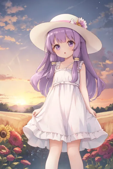 <lora:hairtube2:0.6>, hair tubes, <lora:orzcan-09:0.6>, sundress, sun hat, long hair, purple hair, :o, head tilt, sunset, field, outdoors