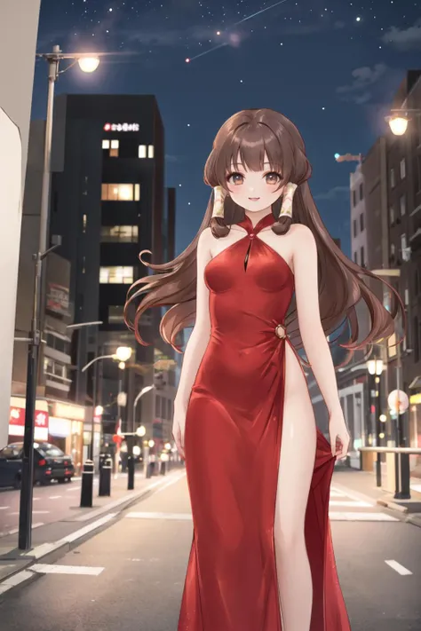 <lora:hairtube2:0.6>, (hair tubes), lips, smile, outdoors, city, night, evening gown, red dress, brown hair, long hair, small breasts, mature female, wide hips,<lora:Leirix2-10:0.6>