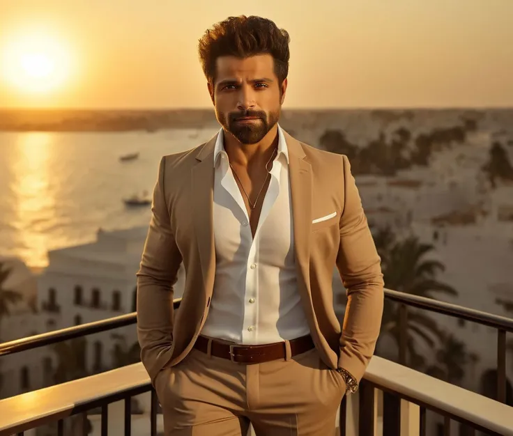 Nautical-themed (Photo:1.3) of (Ultrarealistic:1.3) <lora:Man_Men_FFashion:1> mike vogel a man <lora:Rithvik-Dhanjani_Mike-Vogel:1> in a tan suit standing on a balcony, sun behind him, inspired by Pablo Munoz Gomez, shot at golden hour, editorial photograph, midshot of a hunky, by Roman Bezpalkiv, by Artur Tarnowski, maxim sukharev, by Gabor Szikszai,Highly Detailed,(Mono Color:1.3) . Sea, ocean, ships, maritime, beach, marine life, highly detailed